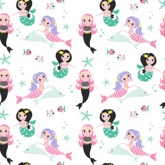 Seamless background with cute mermaids