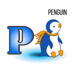 Cute Zoo alphabet P with cartoon penguin, bird kid animal vector funny illustration isolated on backdrop, Education for children, preschool, ABC poster for learn to read, character design, mascot