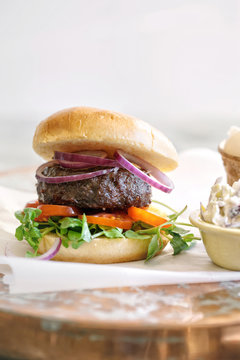Side view of gourmet hamburger 