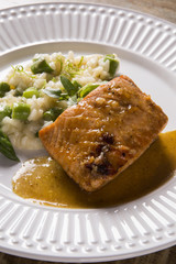 Asparagus risotto with grilled salmon