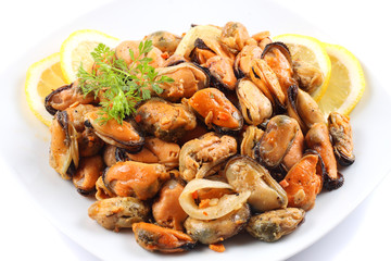 marinated mussels isolated on white background