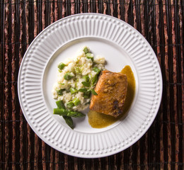Asparagus risotto with grilled salmon