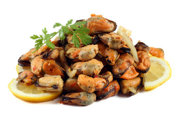 marinated mussels isolated on white background
