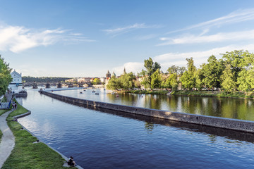 Panoramic views of Prague and the Vltava river, taken from the Legii bridge.