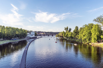 Fototapeta premium Panoramic views of Prague and the Vltava river, taken from the Legii bridge.