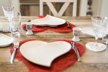 Valentines day dinner setting romantic love for two wooden table red heart shape Copy space