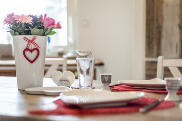 Valentines day dinner setting romantic love for two wooden table red heart shape Copy space
