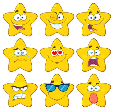 Funny Yellow Star Cartoon Emoji Face Series Character Set 1. Collection Isolated On White Background