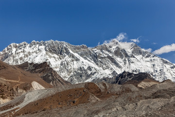 Beautiful Himalayan mountain range on a bright sunny day. Lhotse and Nuptse mountains range view...