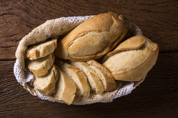 Bread basket on wood background