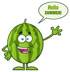 Happy Green Watermelon Fruit Cartoon Mascot Character Waving With Speech Bubble And Text Hello Summer. Illustration Isolated On White Background
