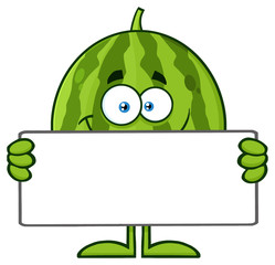 Smiling Green Watermelon Fruit Cartoon Mascot Character Holding A Blank Sign. Illustration Isolated On White Background