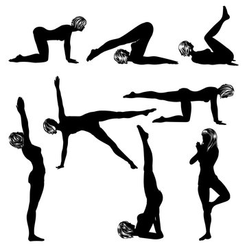 Woman doing yoga exercises. Vector images collection. Big set