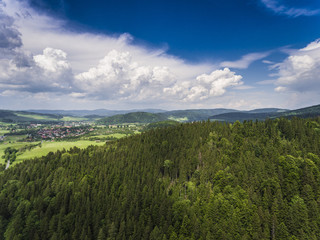 Fototapeta na wymiar Aerial view of the summer time in mountains near Stronie Slaskie town in Poland. Pine tree forest and clouds over blue sky. View from above.