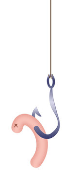 Baited hook - sacrificed dead worm hanging on a fish hook. Isolated comic vector illustration on white background.