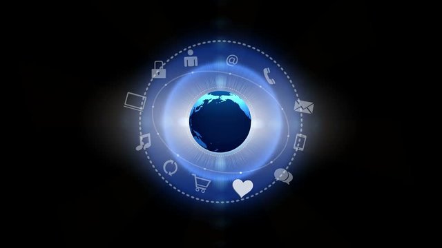 4k,virtual internet concept with rays light,rotating earth,on-line services gadgets icons-discussion,social media,e-mail,e-shop,cloud computing,music,smartphone,chart,lock.