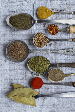 Colourful spices on the spoons