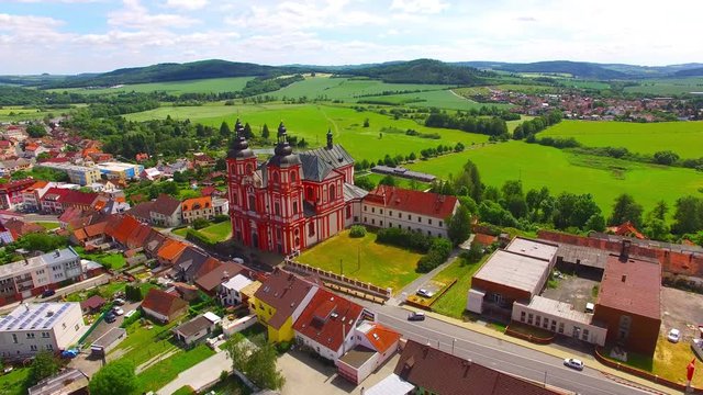 Church of The Assumption (1775) in small town Prestice. Architecture from above. Rare baroque monument in Czech Republic, Central Europe. 