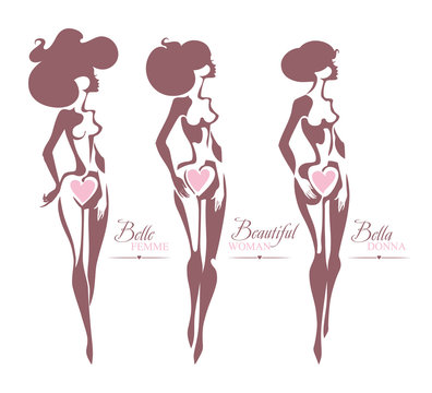 Belle femme. Beautiful woman. Bella donna. Three vector silhouettes of beautiful female figures. Symbol of femininity, beauty and health.