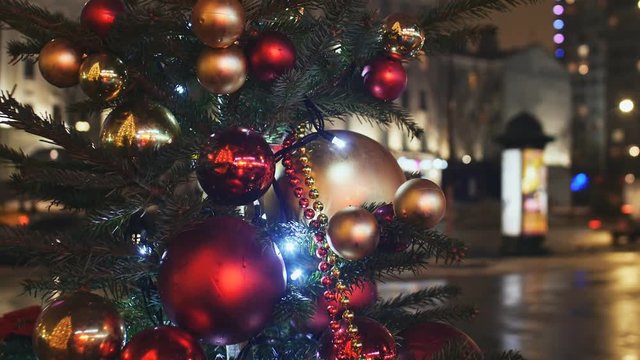 Christmas decorations on the street. Street illumination. Buildings of the New Arbat in the background. New Year theme.