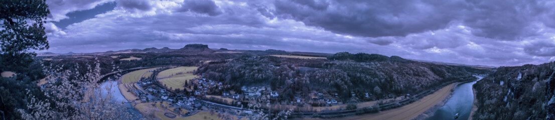 Infrared photo from bastei bridge, Saxon Switzerland, Germany, panoramic view on Elba river