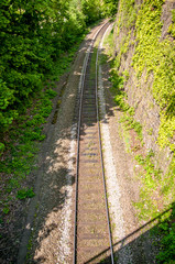 Obraz premium Railway in the Valley. Railway in the desert. railroad through the mountains. Transportation theme