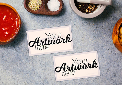 Business Cards on Counter with Snacks Mockup