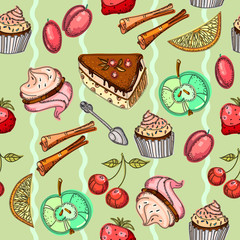 Sweets seamless pattern. Pastries, zephyr, cakes, sweet background for the menu, seamless pattern hand drawn vector