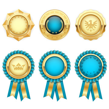 Turquoise award rosettes and gold heraldic medals