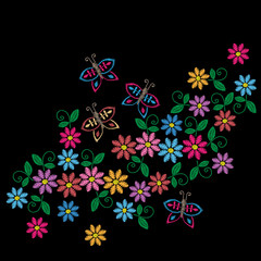 Embroidery stitches imitation colorful pattern with folk flower