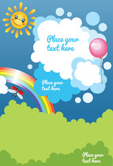 Kid cartoon template with clouds, rainbow and places for text