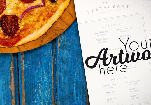 Menu on Blue Table with Homemade Pizza Mockup