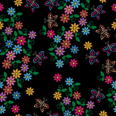 Seamless pattern with embroidery stitches imitation colorful flower