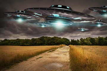 UFO invasion on planet earth landascape 3D rendering