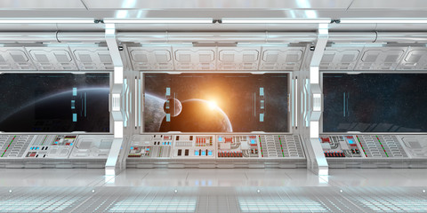 Spaceship interior with view on distant planets system 3D rendering elements of this image furnished by NASA