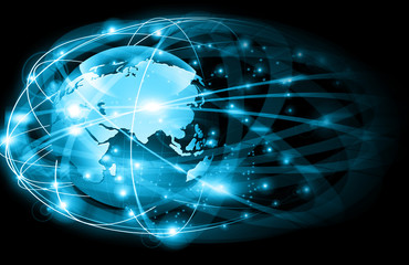 Best Internet Concept of global business. Globe, glowing lines on technological background. Wi-Fi, rays, symbols Internet, 3D illustration