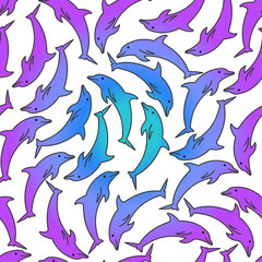 Fototapeta premium Marine seamless vector pattern. Mosaic of dolphins painted blue and pink gradient on a white background.