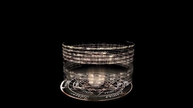 rotating incantation & rune around witchcraft pentagram baphomet,dazzling energy rays light.