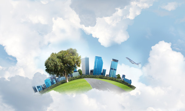 Concept of eco green life as elegant business center on white clouds