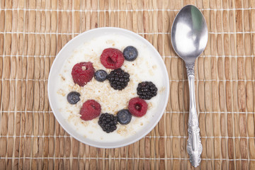 bowl of white yogurt with berries and oat flakes isolated