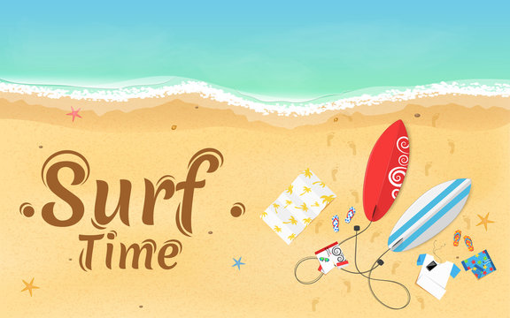 Time for surfing. On the beach are things, a surfboard and accessories. Summer weekend. Top view of the beach. Exotic zone of rest. Vector illustration