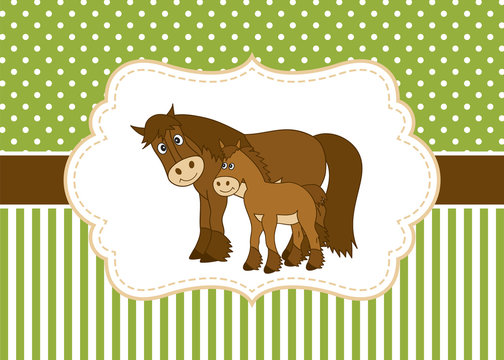 Vector Card Template with Cute Horse and Foal. Vector horses. 