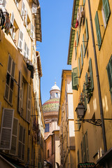 Historic center of NIce, Dome of a church among nice houses. France