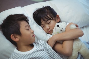 Siblings sleeping on bed in the bed room