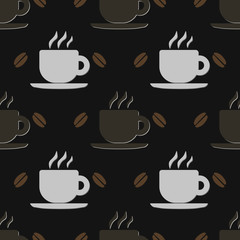 Cups and coffee beans. Food and drink pattern. Vector illustration. Wallpaper, print packaging, textiles. Vector seamless background