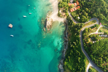 Aerial shot of beauty bay nature landscape with island, yachts and clear sea with turquoise water on Phuket. Drone photo. - obrazy, fototapety, plakaty