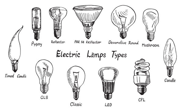 Electric Lamps Types set, woodcut style design, hand drawn doodle, sketch in pop art style, isolated vector illustration