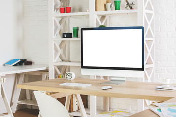 Creative designer desktop with white computer