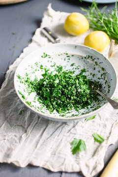 Homemade gremolata in a bowl on a table