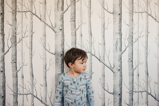 Cute little boy standing near tree wallpaper wearing pajamas